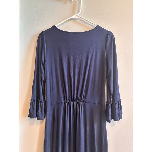 Boden Maxi Dress Size 2 Navy Blue Bell Sleeve V Neck Jersey Knit Tiered Ruffle - Picture 9 of 14